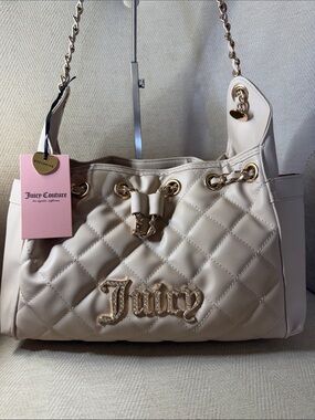 Juicy Couture Quilted Cream Shoulder Tote with Gold Chain